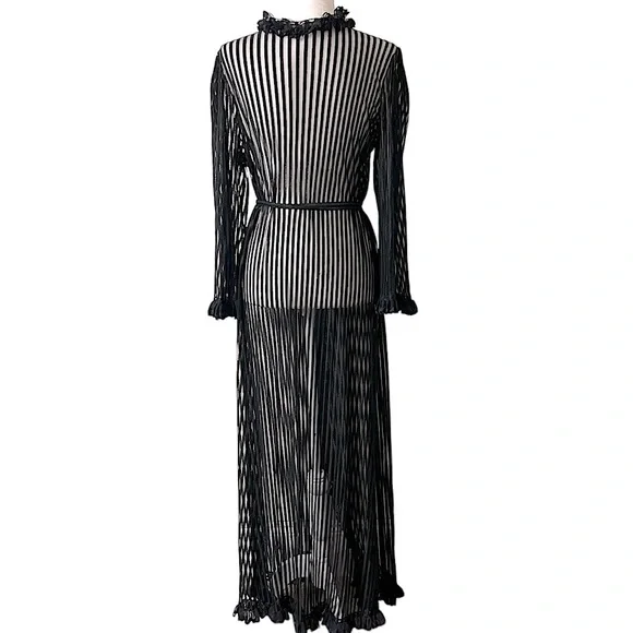 Vintage Jean Soudry France glamorous robe sheer black striped ruffles rare find - Picture 3 of 10